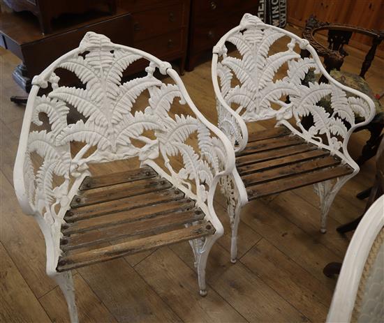 A fern pattern alloy garden bench and pair of chairs bench W.146cm